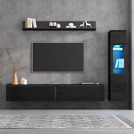 Meuble TV 3 pièces avec éclairage LED – 1 meuble TV, 1 vitrine de salon, 1 étagère murale – Convient pour TV jusqu'à 80 pouces – Noir (1/5)