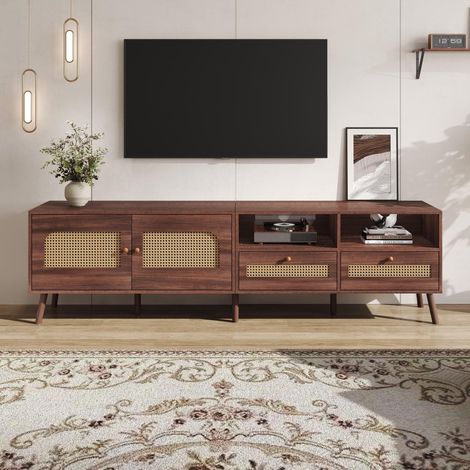 Meuble TV 200x35x49,5 cm avec 2 portes en rotin, 2 tiroirs, pour TV 80 pouces - Marron (1/5)