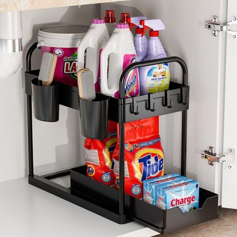 Rangement sous Evier 2 Niveaux, Rangement et Organisation de Cuisine, Etagere Rangement Organisateur Tiroir pour Cuisine, Salle de Bain Noir (1/5)