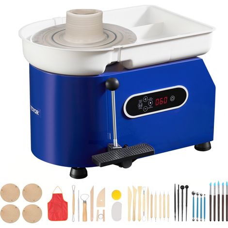 Tour de Potier 450 W, Machine à Poterie de 28 cm, Vitesse Réglable 60 à 300 tr/min, Cuvette Amovible en ABS, Poignée et Pédale de Commande, Kit Complets pour Débutants en Artisanat et DIY, Bleu
