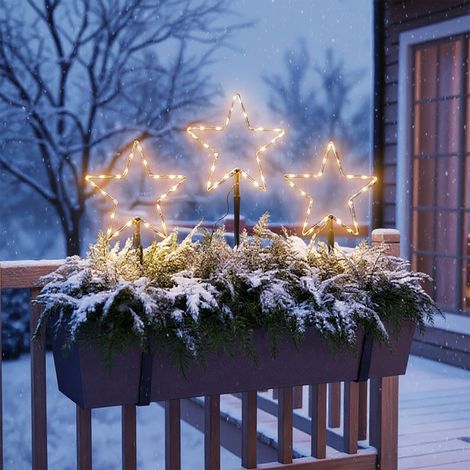 Metall Leuchtstern Gartenstecker 3er Set schwarz 60 LED mit Timer - 30 cm - Weihnachts Beetstecker soft gold beleuchtet mit Erdspieß batteriebetrieben