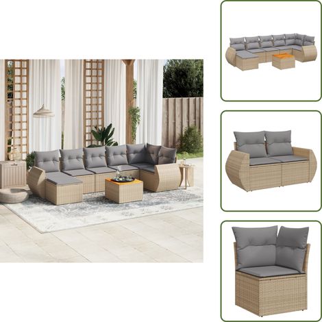 The Living Store Salon de jardin avec coussins 8 pcs beige résine tressée - Ensemble Salon De Jardin - Meuble Extérieur - Jardin Design - Mobilier De Jardin - Chaise Lounge