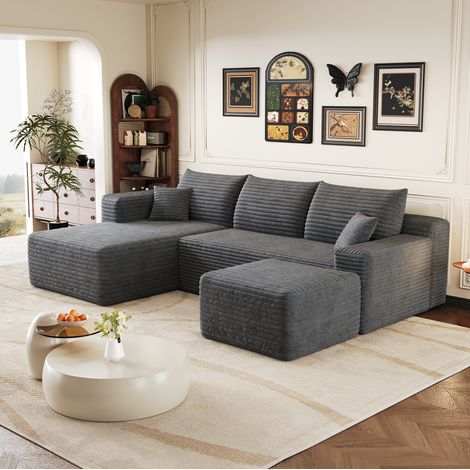 Ecksofa 241 cm dunkelgrau Stoff in Cordoptik ohne Montage mit Chaiselongue (1/5)