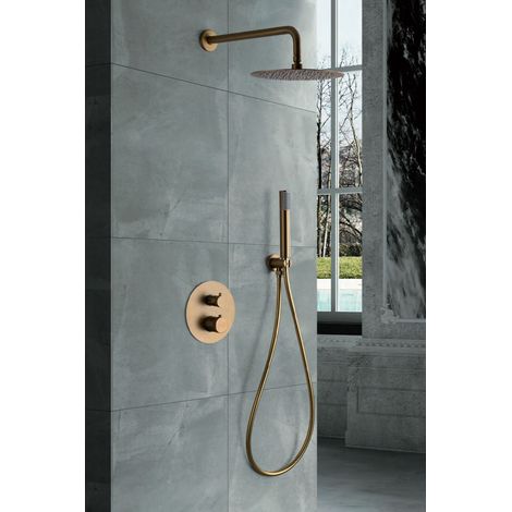 Colonna doccia incassata con termostato  Modello LINE  Pioggia di dimensioni standard  Colore Oro finitura Oro spazzolato [IMEX®] (1/4)