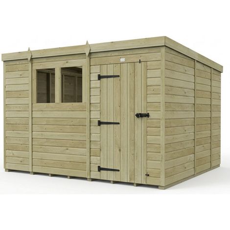 10ft x 9ft Pent Garden Shed Single Door With Windows - Pressure Treated Timber - L305 x W274 x H210 cm - Natural
