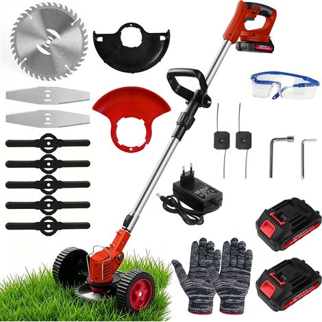 Débroussailleuse sans fil avec 2 batteries et chargeur, 3 types de lames réglables, tête rotative à 90°, pour jardins, cours, pelouses (1/5)
