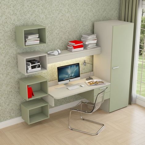 Scrivania sospesa design con mensola luminosa, pensili e armadio - Ecru e Salvia (1/5)