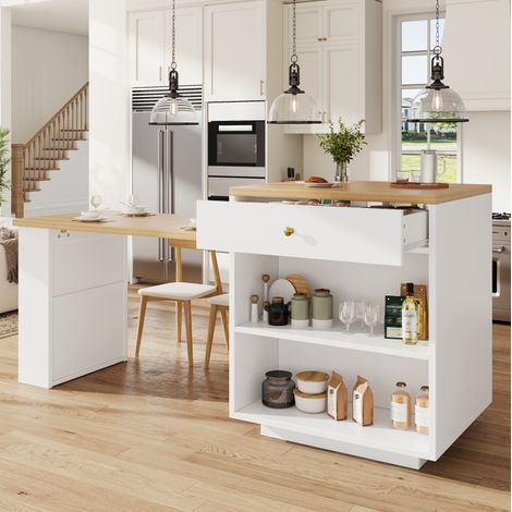 Îlot de cuisine 122,5x70x93,8 cm en MDF blanc, extensible avec rangement pour cuisine FloraGrace (1/5)