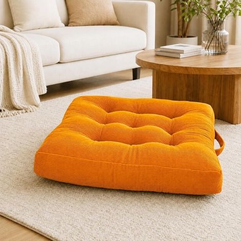 Coussin de sol, 40 x 40 cm, coussin épais, 10 cm, avec poignée de transport, pour chaise de jardin, de bureau, de salle à manger, de cuisine (orange) (1/5)