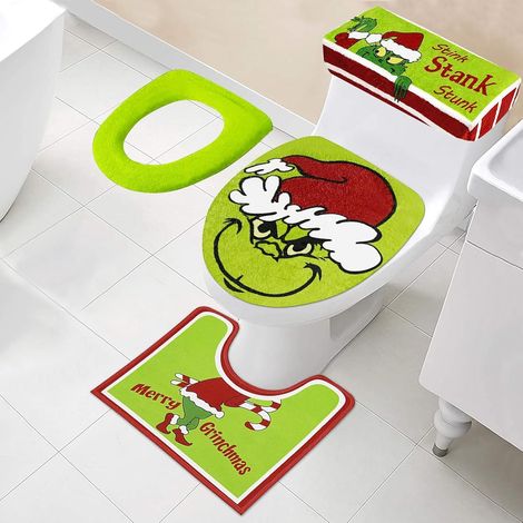 Set de décoration de Noël pour toilettes et tapis, 4 pièces, déco salle de bain verte, tapis de bain antidérapant et tapis WC en forme de U, ensemble de Noël festif pour salle d'eau. (1/4)