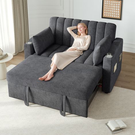 Modernes Multifunktionssofa, Schlafsofa, Schlafcouch mit Schlaffunktion, Doppelsofa mit verstellbarer Rückenlehne, mit Getränkehalter und Kissen, geeignet für Wohnzimmer, Schlafzimmer, Wohnung usw.