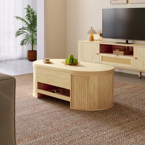 Table basse relevable avec côtés bois courbés,étagère escamotable et plateau soulevable. Meuble multifonctionnel pour salon.-Mi (1/5)