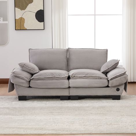 Canapé 2 places en velours côtelé gris clair 190 cm avec assise large ergonomique, USB-C et poches latérales (1/5)
