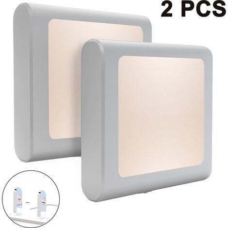 Lot de 2 veilleuses LED à brancher, ultra-minces, design froid au toucher, idéales pour la chambre, la salle de bain, le couloir, les escaliers ou toute pièce sombre (blanc chaud).