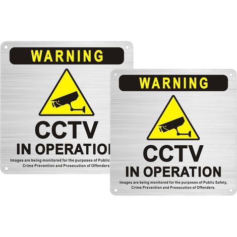 2 panneaux signalétiques Vidéosurveillance en fonctionnement, aluminium brossé, 15 x 15 cm, avec adhésif et trous pré-percés (1/5)