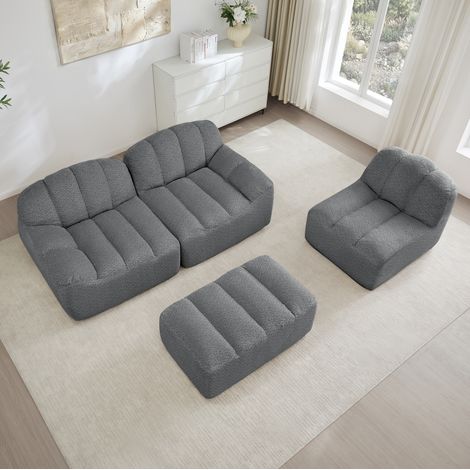 Divano angolare modulare 3 posti con ottomano, schiuma 32D, tessuto grigio, 288 x 165 x 79 cm (1/5)