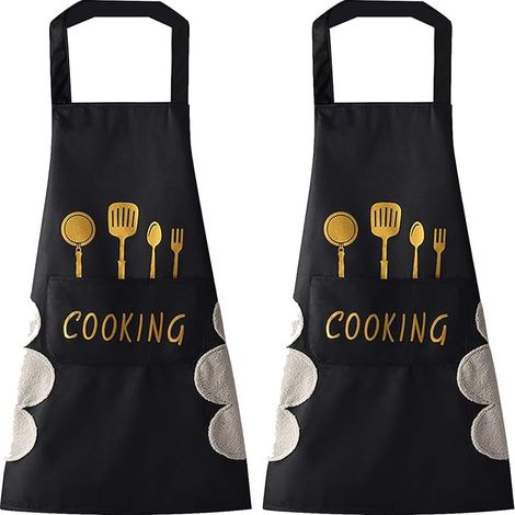 Küchenschürze (schwarz + schwarz), mit integriertem Handtuch, großer Tasche, wasserdicht, ideal zum Kochen und Backen.