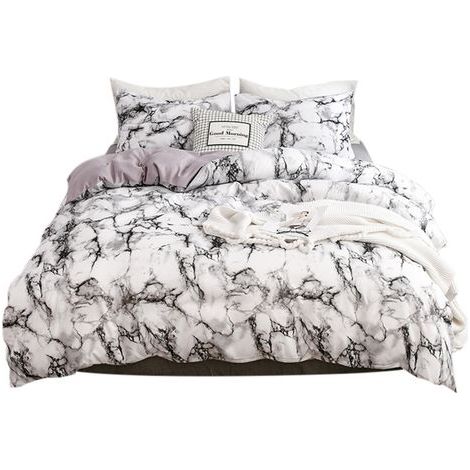 Lot de 3 pièces housse de couette en polyester marbré blanc avec taie d'oreiller, parure de lit double taille UE (1/5)