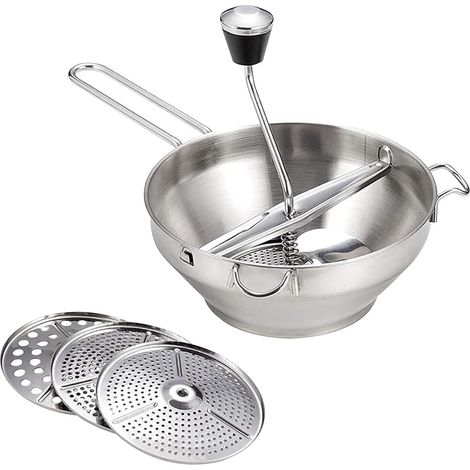Prensa manual de acero inoxidable para verduras, molinillo de verduras, molinillo de patatas para licuar verduras, frutas y sopas, con 3 rejillas diferentes, colador y exprimidor de cítricos. (1/4)