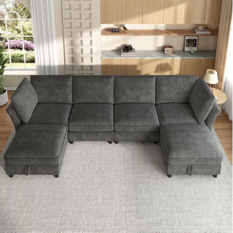 Sofa rinconero modular 289/137/84 cm gris en chenilla con 2 pufs arcón, configuración en U o en L (1/5)