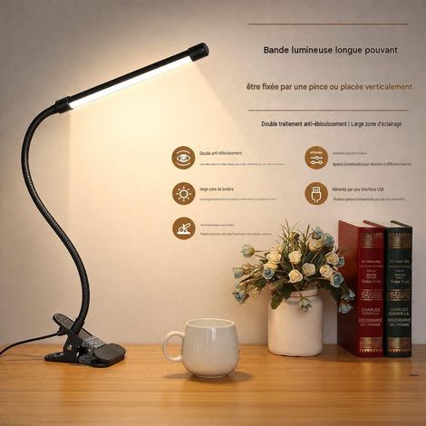 Lampe de bureau à pince LED USB, col de cygne flexible 360°, 3 températures de couleur, luminosité réglable pour lecture et travail (1/5)