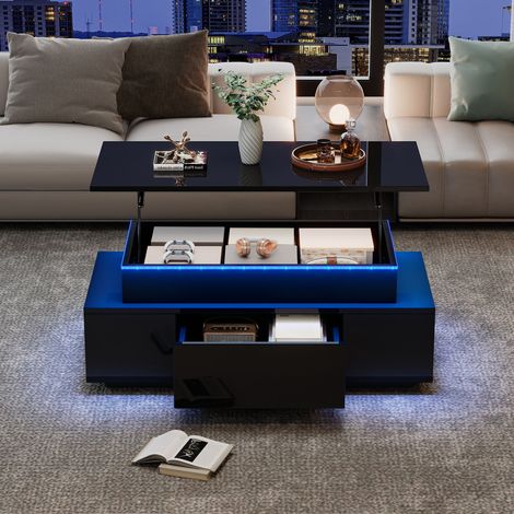 Table basse à hauteur réglable avec rangement et tiroir cachés,table de salon brillante 964540 cm,table canapé LED,adaptée au bureau,fête,noir (1/5)