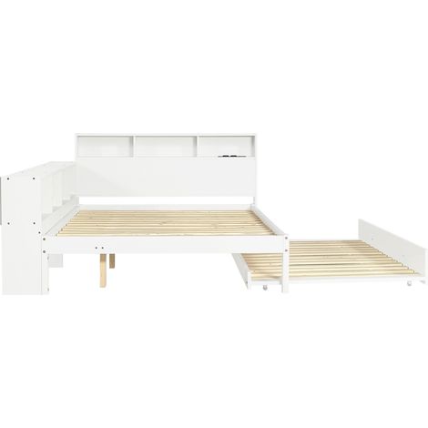 Lit en bois 120x200 cm avec lit escamotable 90x190 cm, lit fonctionnel blanc avec étagère de rangement latérale montable à gauche o… (1/5)