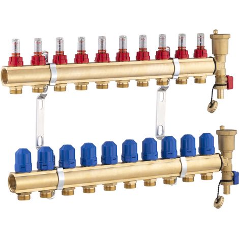 Noyon & Thiebault – Collecteur laiton 10 boucles pour plancher chauffant – 2 prises de vidange – Vannes thermostatisables M30x1.5 – Débimètres sur chaque départ