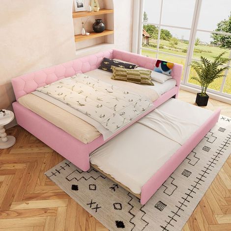 Canapé‑lit 140x200 cm rose avec sommier à lattes, lit gigogne, lampe & USB Type‑C (sans matelas)