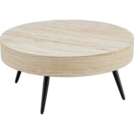 Runder Couchtisch 70 cm aus MDF in hellem Travertin-Look mit schwarzen Metallbeinen (1/5)