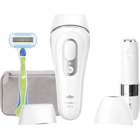 Braun Silk·expert Pro 3 Épilateur À Lumière Pulsée, Épilation Semi-Définitive Des Poils, Alternative Au Laser, Pochette, Rasoir Venus, 2 Têtes, Blanc/Argent, PL3136