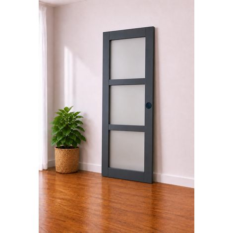 Porte Coulissante Blakeria Ral7016 Vitrée H204 X L83 Et 2 Coquilles Noir (1/3)