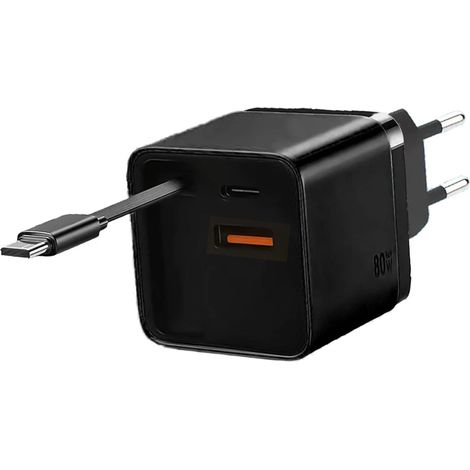 Chargeur rapide 80 W avec câble USB-C rétractable, chargeur de voyage pliable pour ordinateur portable et téléphone, compatible avec 3 appareils. Accessoires inclus.