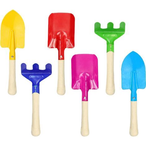 Ensemble d'outils de jardin pour enfants 6 pièces avec pelle, râteau et bêche en métal et bois pour jardin, balcon, terrasse et bac à sable (1/4)