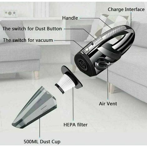 Aspiradora de mano inalámbrica de 120 W – Succión de 6000 PA – Depósito de polvo de 500 ml – Autonomía de 30 minutos – Filtro HEPA lavable – 5 boquillas para el hogar y el coche – Batería de 2200 mAh (1/4)