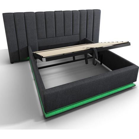 Cama canapé 160x200 de lino gris con LED y puertos USB-C, somier de láminas (1/5)