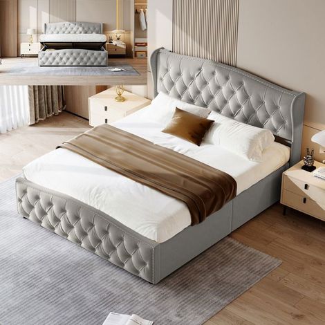 Cama lit 140x200 cm terciopelo gris - marco de metal y madera, somier de lamas, almacenamiento hidráulico