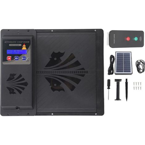 Porte automatique de poulailler à énergie solaire USB à ouverture horizontale 3 en 1 ouvre-porte automatique de poulailler avec minuterie capteur de lumière télécommande noir (1/4)