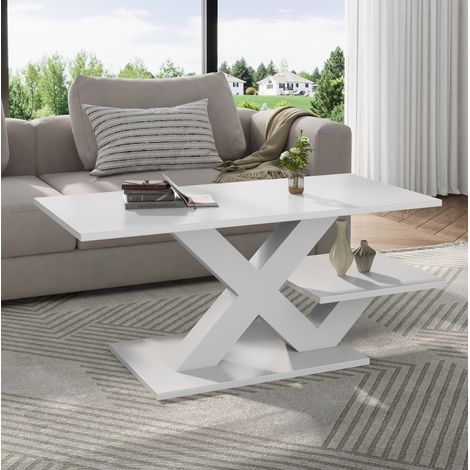 Tavolino rettangolare 100x48x45 cm con 2 ripiani, struttura a X, superficie in MDF bianco lucido. (1/5)