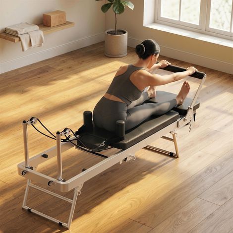 Klappbarer Pilates-Reformer, Hybrid-System, 4 Federn & 5 Seile, geräuscharm, Stahl, 195 x 56 x 88 cm, Weiß