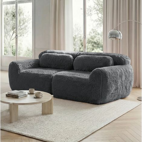 Canapé 2 places gris en tissu bouclé, design modulaire sans structure, avec coussins (1/5)