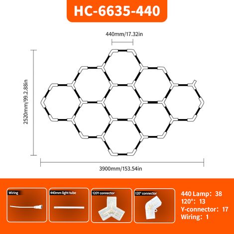 LED Hexagon Garagenbeleuchtung 390 x 252 cm, Profi-Deckenbeleuchtung für Autoaufbereitung, Detailing und Showroom