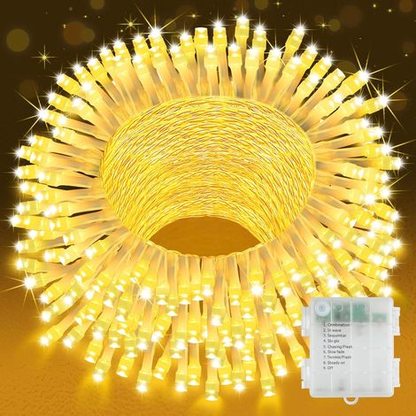 Guirlande lumineuse d'extérieur à piles - 30 m - 300 LED - Avec minuterie - 8 modes - Blanc chaud - Étanche - Pour chambre, fête, balcon, sapin de Noël
