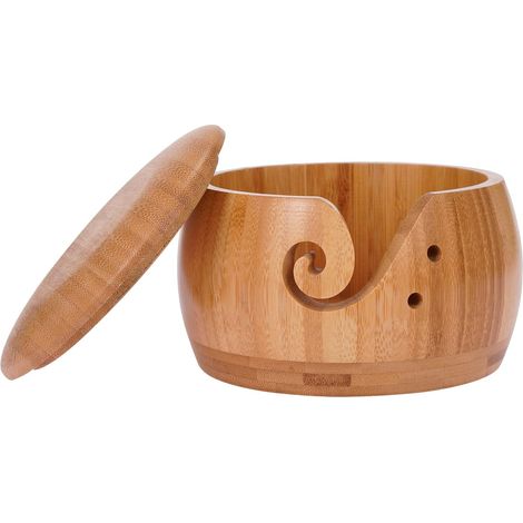 Bol à Fil en Bois, Bol à Tricoter avec Couvercle et Trous, Laine pour projets Tricot et Crochet, Support Laine, Rangement pour Fil à Tricoter, Crochet (1/5)