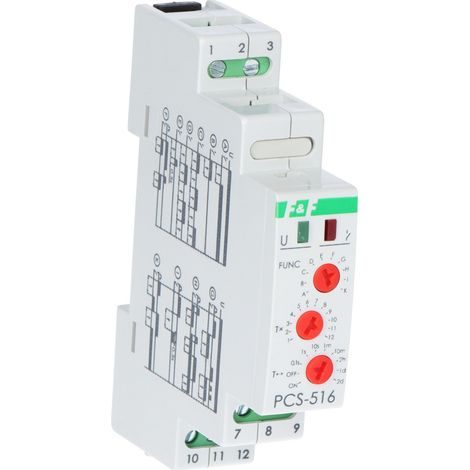 Relè temporizzato a dieci funzioni PCS-516 UNI, con ingressi: START e RESET, contatti: 1P, I=10A, U=12-264V, 1 modulo (1/4)