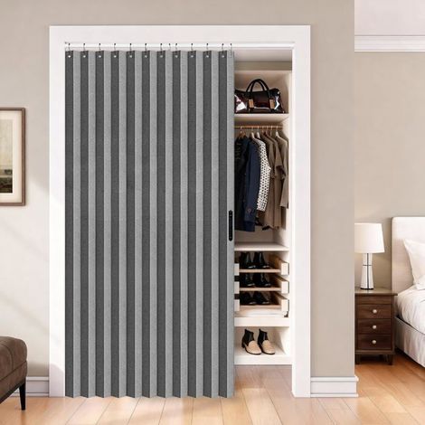 Rideau de porte de placard plissé accordéon 99x198cm Gris Séparateur de pièce Sans perçage (1/5)