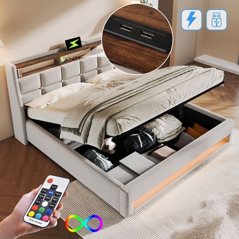 Lit coffre 180x200 LED USB en lin beige HAVRYA (1/5)