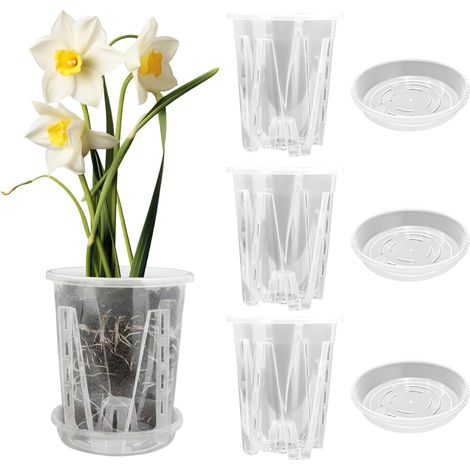 Lot de 3 Pots à Orchidées en Plastique avec Soucoupes, 1.3L / Ø14 cm Pots de Fleurs Transparents avec Trous de Drainage et Fentes d‘Aération, Intérieur et Extérieur, Blanc Transparent (1/5)