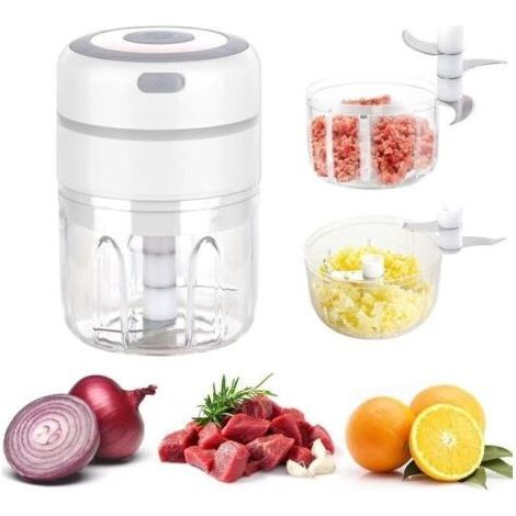 Hachoir électrique USB rechargeable 250ml – 2 tasses en acier inoxydable – Hachage rapide pour légumes, fruits et viande (1/5)