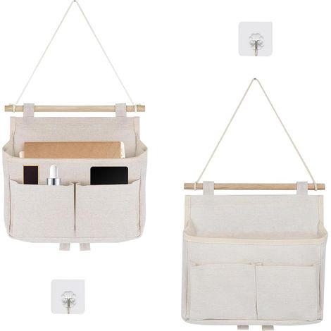 Mural en Lin Pliable Suspendu, 2 Sacs Étagère de Rangement Suspendue, Sac de Rangement Mural Pliable, 3 Compartiments Blanc (1/5)